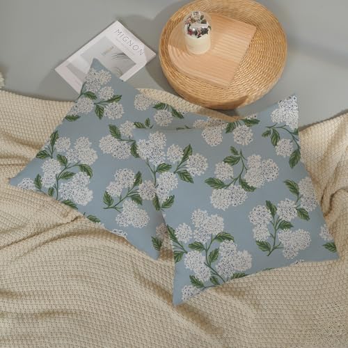 Light Blue Pillow Covers 16x16 Inch 2 Pcs Blue Green Hydrangea Flower Decor Throw Pillows Vintage Floral Seasonal Spring Summer Outdoor Decoration Pillowcase Linen Cushion Cover for Couch Sofa - color: Light Blue Hydrangea, size: 16" x 16" (Pack of 2)