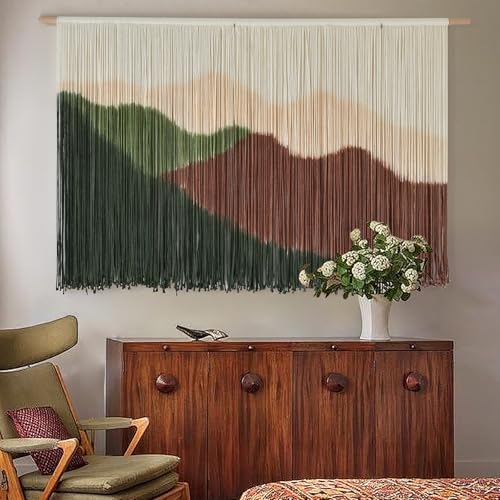 IOWER Macrame Wall Hanging Large Mountain Landscape Boho Wall Art Craftmanship Handmade Home Wall Decor for Living Room Bedroom Apartment Dorm 57" W x 35" L - color: Brown and Green