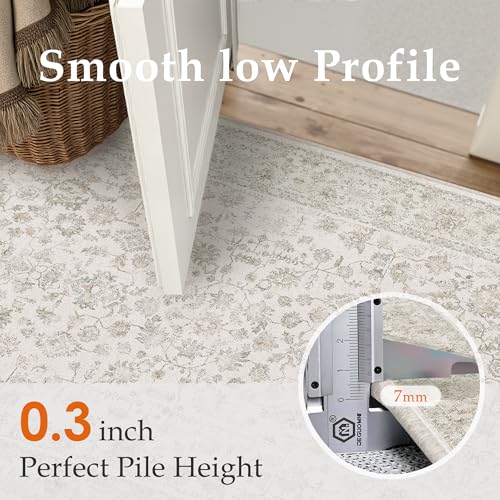 PureCozy 2x3 Beige-White Entryway Area Rug Machine Washable Door Mat Kitchen Vintage Distressed Non Slip Carpet Indoor Retro Floral Accent Throw Small Rug for Bathroom Office Bedroom Dining Room - color: Beige-white, size: 2' x 3' (Rectangular)