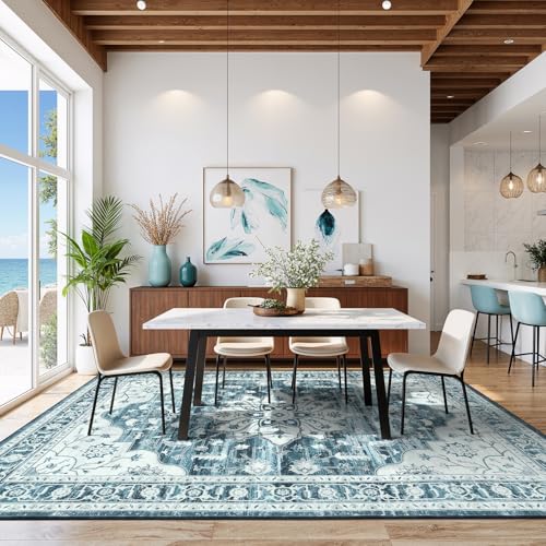 5x7 Coastal Blue White Area Rugs for Living Room - Vintage Boho Medallion Aesthetic Distressed Washable Rug, Soft Non-Slip Backing Low Pile Carpet for Office, Lounge, Bedroom Foot of Bed - color: Coastal Blue White, size: 5' x 7' (Rectangular)