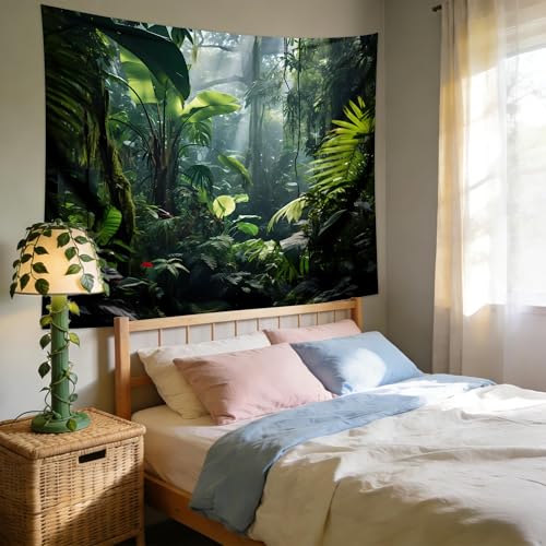 QGHOT Jungle Tapestry Wall Hanging Tropical Rainforest Backdrop Green Palm Leaves Tapestry Extra Large Forest Wall Art for Bedroom Living Room Office Decor 78.7L x 104W - size: 78.7"L x 104"W