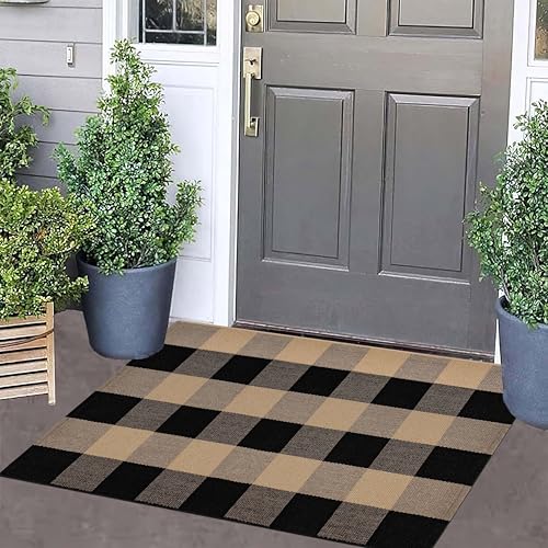 Checkered Front Door Mat Outdoor 24''x35''Buffalo Plaid Outdoor Rug Cotton Washable Layered Doormat for Bedroom,Bathroom,Farmhouse,Entryway,Home Entrance - color: Khaki Black, size: 24''x 35''