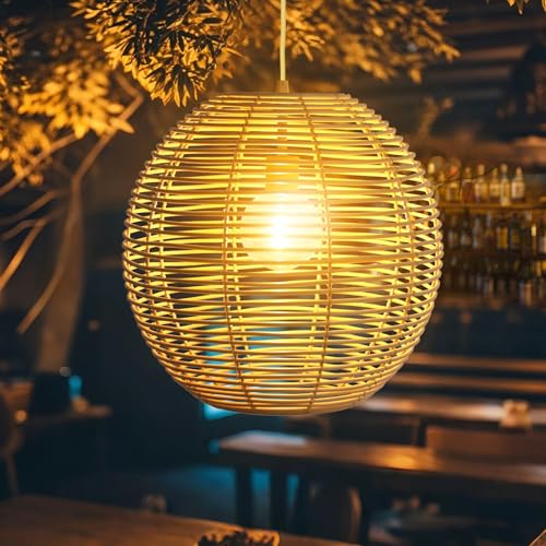 Solar Chandelier Ranttan Outdoor Lights, 12" Outdoor Pendant Hanging Lights Large Rattan Ceiling Light with Remote 4 Modes Lighting Waterproof Lighted for Garden Porch Patio Kitchen, Nature - color: Nature