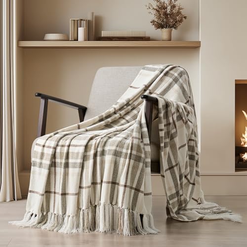 EverGrace Plaid Chenille Throw Blanket for Couch, Super Soft Cozy Decorative Farmhouse Plaid Throw with Tassels, Lightweight Chenille Knit Throw for Bed Sofa Gift Home Decor, Beige 60”x80” - color: Plaid Beige & White, size: 60"x80"