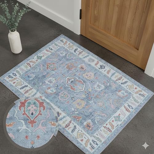 Fame Rugs Blue Modern Oushak Rug 3x5, Washable Vintage Turkish Colorful Oriental Antique Inspired Foldable Small Area Rugs, Luxury Living Room Bedroom (381LB, 2'6" x 5') - color: 381lb, size: 2'6" x 5' (Runner)