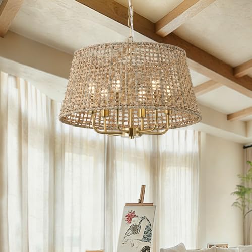 20" Rattan Large Boho Chandelier Ceiling Light Fixture, 6-Light Farmhouse Wicker Hand-Woven Chandelier Rattan Ceiling Pendant Light Fixture for Dining Room Bedroom Hallway Kitchen Island(Gold) - color: Gold 6-Light 20" T-Shape