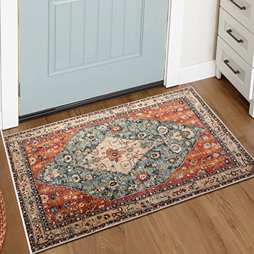 Lahome Felice Boho Tribal 2x3 Washable Small Rugs for Entryway Doormat Indoor Entrance, Throw Rugs with Rubber Backing, Bohemian Soft Non-Slip Bathroom Carpet for Bath Front Door Kitchen Floor - color: Geometric Tribal, size: 2' x 3' (Rectangular)