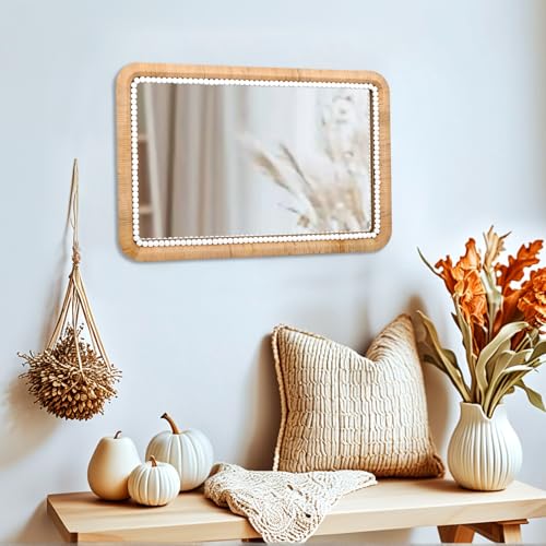 FUIN 30x20 Inch Rattan Wall Mirror with White Bead Trim, Handmade Boho Bathroom Vanity Mirror, Natural Rectangular Hanging Mirror for Bedroom, Living Room, Entryway, Vertical or Horizontal Mount - color: Natural Rattan With White Beads, size: 30"L x 20"W