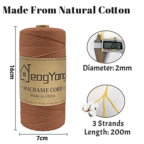 JeogYong Macrame Cord 2mm x 218 Yards, 3-Strand Twisted Natural Cotton Rope, Cotton String Coloured Craft Cord for Plant Hanger Wall Hanging Knitting Crafts, Caramel Color - color: Caramel