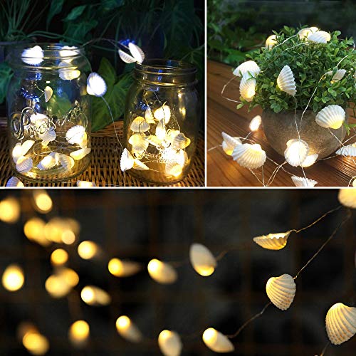 Starryfill Ocean Real Seashell 0.8"(H) 40 LED String Lights 13.85Ft Battery Operated Waterproof Warm White with Timer and Remote Control for Beach Themed Decoration Indoor Covered Outdoor Birthday - color: Seashell