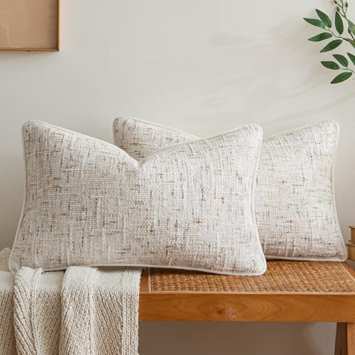 a moment Beige Reversible Pillow Covers 2 Pack - Farmhouse Chenille Throw Pillows, Neutral Textured Decorative Throw Pillow Covers with Border for Couch Sofa Bed (12x20 Inch, No Insert) - color: Beige, size: 20" x 12" (Pack of 2)