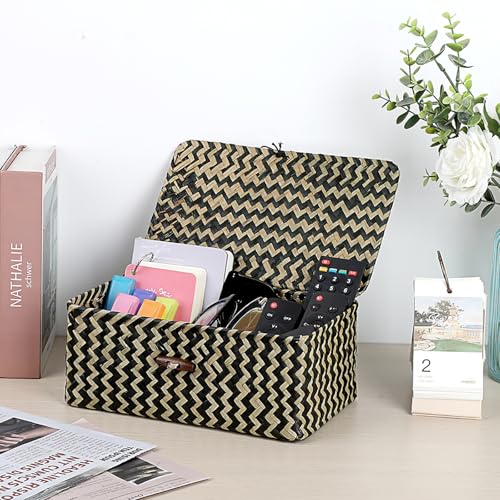 Hipiwe Seagrass Storage Baskets with Lid Woven Wicker Storage Bins for Organizing Natural Rectangular Home Organizer for Bedside Living Room Entryway Table,10.2" x 6.3" x 3.9" - color: Black, size: Small
