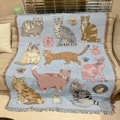 Cat Throw Blanket Boho for ChairSofa - 50"x60" Cotton Blankets Retro Bohemian Tapestry Reversible Hippie Sheets Room Decor (Cats) - color: Cats