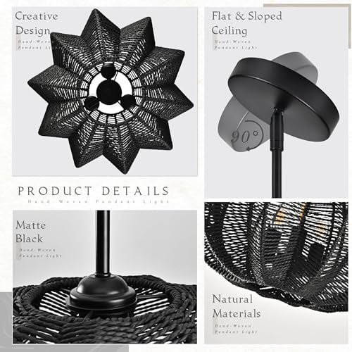 17.7 Inch Rattan Pendant Light Black Hemp Rope Rattan Light Fixture Woven Pendant Wicker Chandelier 3-Light Boho Chandelier for Foyer - color: 17.7" Black