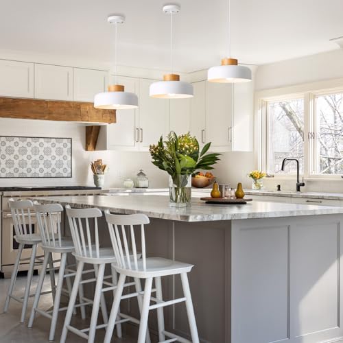 Modern Pendant Light with Real Wood Cap - 12.6” White Hanging Light Fixture for Kitchen Island, Dining Room Table - Adjustable Height Ceiling Light with E26 Socket - Scandinavian Style - color: White, size: 12.6 inches