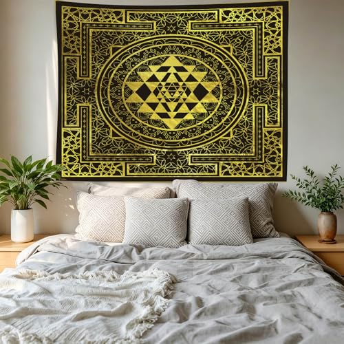 SHRAPHY Golden Sri Yantra Tapestry 60x60 Inches Mandala Sacred Geometry Decor Tapestry Yoga Meditation Spiritual Tapestries for Room Bedroom GTHYUH566