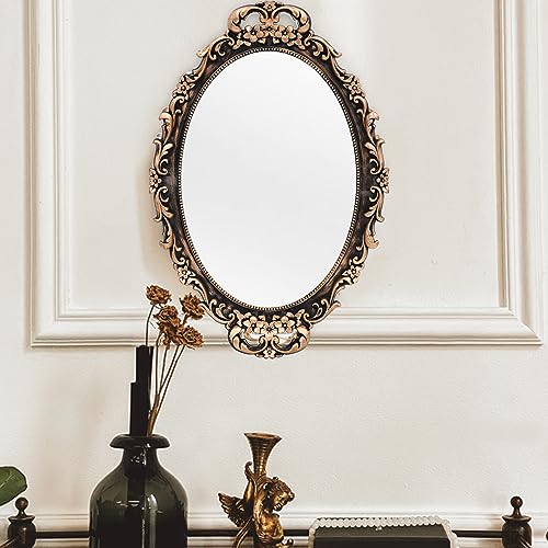 Tstarer Vintage Decorative Gold Framed Mirror, Wall Hanging Mirrors & Tabletop Tray for Bedroom Living Room Dresser Decor, Oval- 9.6" W x 14.3" L (Bronze) - color: Bronze