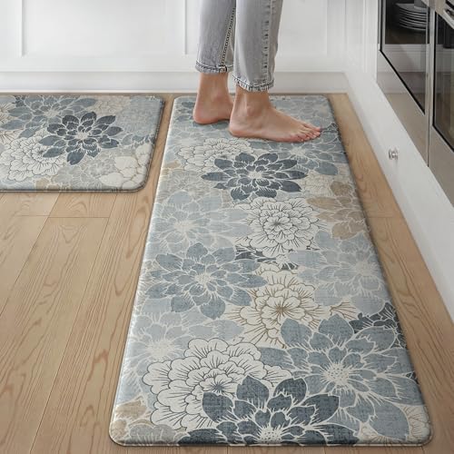 GENIMO Kitchen Mats for Floor, Kitchen Rugs Non Slip Washable Sets of 2, Waterproof Cushioned Anti Fatigue Mat, Floral Runner Rug for Laundry, Sink, Office, Home, 17.3"x47"+17.3"x30", LightBlue - color: Light Blue, size: 17.3"x47"+17.3"x30"