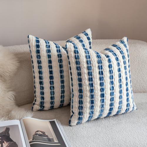 Caflife Boho Throw Pillow Covers 18x18 Inch Set of 2, Farmhouse Blue Striped Textured Chenille Decorative Couch Pillow Cases, Rustic Accent Cushion Covers for Sofa Bed Living Room Bedroom - color: Blue, size: 18" x 18" (Pack of 2)