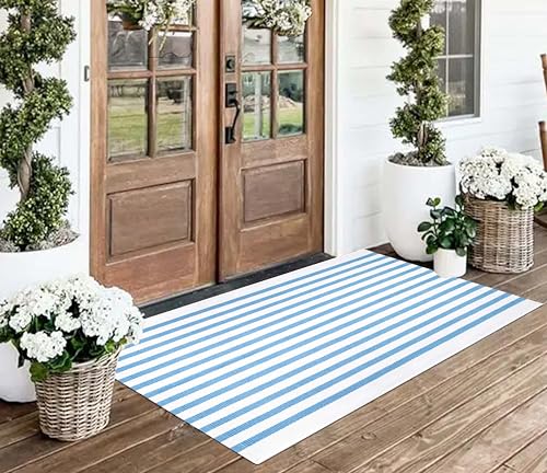 2x4 Outdoor Rug,Light Blue and White Striped Front Porch Rug Cotton Woven Washable Indoor Outdoor Doormat Farmhouse Small Area Rug for Porch/Entryway/Home Entrance Decor - color: Blue White, size: 2' x 4'3" (Rectangular)