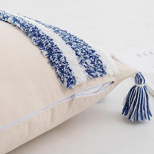 Boho Tufted Throw Pillow with Tassels, Country Thick Striped Style Soft Cushion Cover Decor wuth Zipper for Chair Bed Couch Living Room (Blue,18" x 18") - color: Blue, size: 18 x 18-Inch
