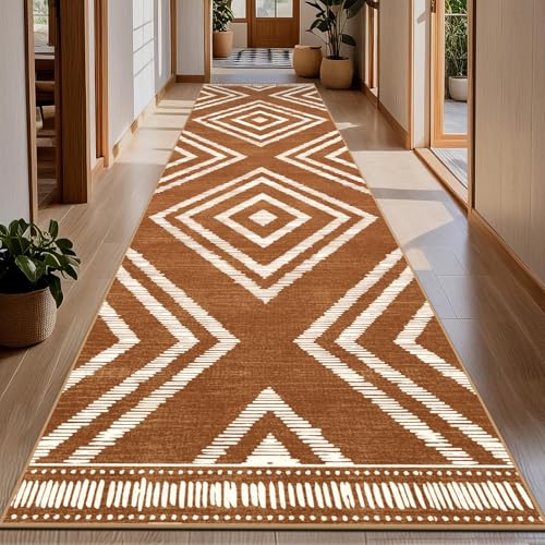 Boho Runner Rugs for Hallway 2.6x12ft Non Slip, Long Brown Washable Farmhouse Kitchen Rug Runners Non Shedding, Moroccan Floor Carpets for Doorway Entryway Living Room Home Decor - color: Brown, size: 2'8" x 12' (Rectangular)