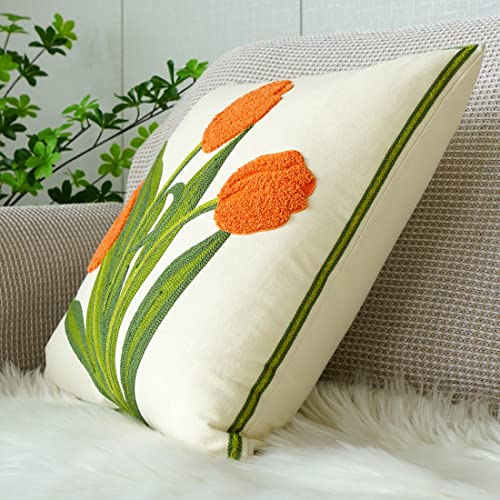 vctops Farmhouse Tulip Cotton Tufted Throw Pillow Cover Spring Floral Embroidery Pillowcase Soft Square Cushion Case for Sofa Couch Bed Chair (Orange,18"x18") - color: Orange