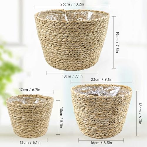 KJET 3PCS Seagrass Planter Basket with Plastic Liner, Boho Woven Plant Pots for Indoor Outdoor, Flower Baskets Containers for Garden and Home Decor