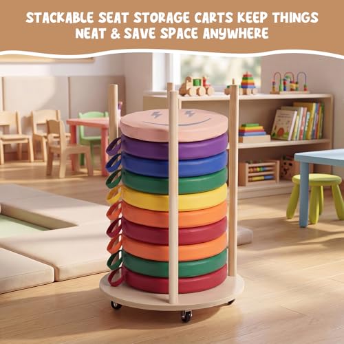 Mobile Floor Cushion Storage Cart for 15 Inch Round Sit Mats, Solid Wood Organizer with Smooth Rolling Casters, Classroom Flexible Seating Tidy Trolley for Daycare Preschool Home