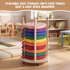 Mobile Floor Cushion Storage Cart for 15 Inch Round Sit Mats, Solid Wood Organizer with Smooth Rolling Casters, Classroom Flexible Seating Tidy Trolley for Daycare Preschool Home