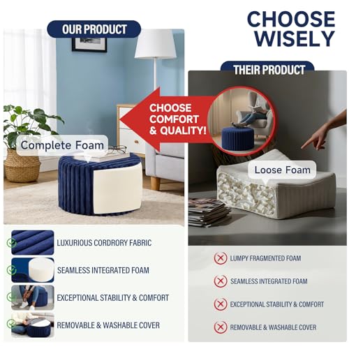 Tiita Round Stuffed Pouf Ottoman, Stripe Faux Fur Poufs with Foam Chunk Filling, Furry and Fluffy Pouf 21×21×12 inch Foot Stool Storage Ottoman,Puff Office Foot Rest for Couch Living Room, Navy Blue - color: Striped Round Navy Blue