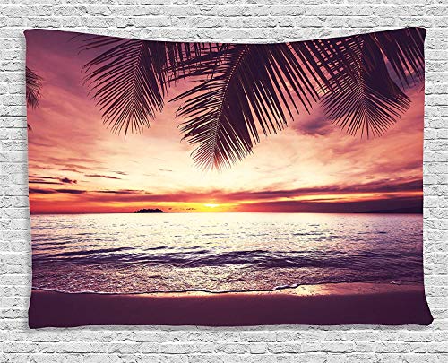 Ambesonne Palm Tree Tapestry, Tropical Beach Under Shadows at Sunset Ocean Waves Serenity of Paradise in Nature, Wide Wall Hanging for Bedroom Living Room Dorm, 60" X 40", Yellow Purple - color: Yellow Purple, size: 60"L x 40"W