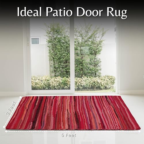 Cotton Hand Woven Chindi Rug 3x5 Feet - Red, Reversible Throw Indoor Decorative Carpet Ideal for Entryway, Kitchen, Bedroom | Pink Farmhouse Accent Soft Durable Outdoor Floor Rag Rugs for Nursery - color: Red, size: 3 x 5 feet