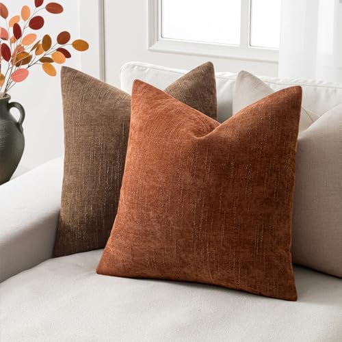 18x18 Inch Set of 2 Textured Throw Pillow Covers Decorative Soft Accent Square Chenille Pillowcases Neutral Farmhouse Cushions Modern Home Decor for Couch Sofa Bedroom Living Room,Honey Brown - color: Honey Brown, size: 18" x 18" (Pack of 2)