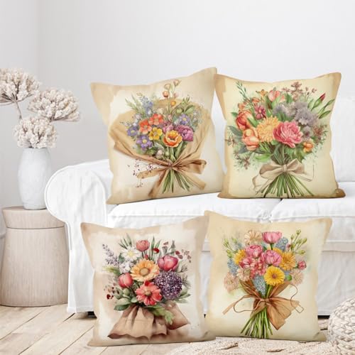 Vintage Bouquet Throw Pillow Covers, Colorful Flower Floral Decorative Pillow case, 4-Pack Double-Side Printed Pillowcases for Sofa and Living Room, 16x16 in - color: 24, size: 16" x 16" (Pack of 4)