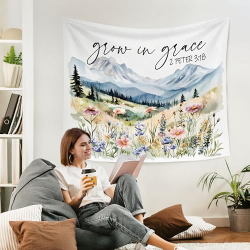 WARDOS Wildflower Christian Tapestry, Grow in Grace Bible Verse Tapestry Wall Hanging, Mountain Scenery Religious Scripture Wall Blanket Decor for Home Bedroom Living Room, 50x60 Inch - color: flower six