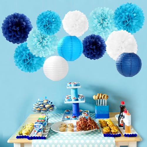 Blue-White Birthday Party-Decorations Paper-Flowers Lanterns - 15PCS Light Royal Tissue Pom Poms Streamers,Classroom Ocean Themed Baby Bridal Shower Bachelorette Wedding Hanging Supplies Decor Hugfond - color: Blue White