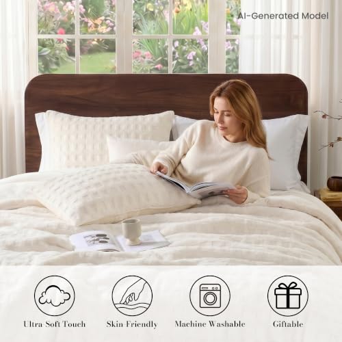 Amélie Home Waffle Textured Fleece Comforter Set King Size, Jacquard Design Fleece Bed Set, Super Soft Plush Bedding Set, Beige, 3 Pieces, 1 Cozy Comforter and 2 Pillowcases - color: Waffle Beige, size: King (106"x90")