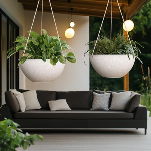 LA JOLIE MUSE Large Hanging Planters for Outdoor Plants - 13 Inch Hanging Flower Pots Set of 2, Speckled White - color: Speckled White