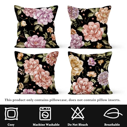 Black Flower Throw Pillow Covers,Vintage Floral Decorative Velvet Pillow case,Gothic Flowers Pattern 4-Pack Double-Side Printed Pillowcases for Sofa Home Living Room, 16x16 in - color: Black, size: 16" x 16" (Pack of 4)