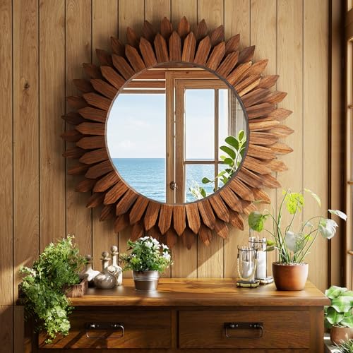 28 Inch Walnut Boho Wall Decor Sunburst Mirror - Round Wooden Wall Decor, Handmade Rustic Circular Mirror for Living Room, Bedroom, Entryway, Office - color: Walnut, size: 28"L x 28"W