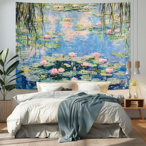 Yeoiat Water Lilies Tapestry Monet Wall Tapestry for Bedroom Nature Plant Tapestries Art Tapestries Wall Hanging for Living Room Bedroom Water Lilies 36×48 Inches - color: Blue Green, size: 48"L x 36"W