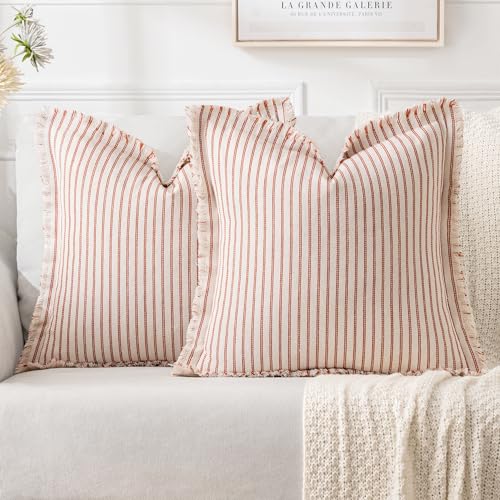 MIULEE Pack of 2 Rust Pillow Covers 20x20 Inch Striped Farmhouse Couch Throw Pillow Covers with Fringe Chic Linen Decorative Cushion Covers for Sofa Living Room Bed Outdoor Home Decor - color: Rust, size: 20" x 20" (Pack of 2)