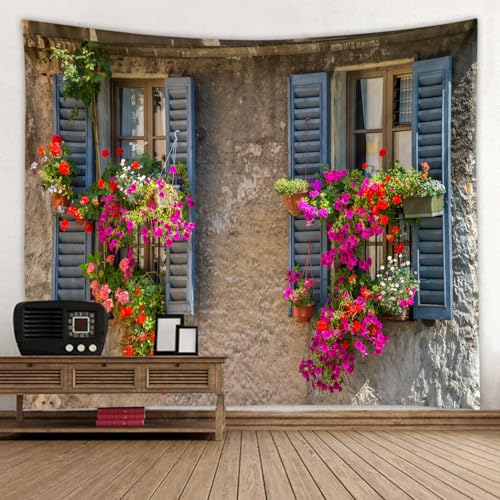 LYFANS window red flower bonsai printed fabric tapestry Decorative wall Art tablecloth bedspread picnic blanket beach towel Bedroom Dormitory Living Room Multifunctional tapestry 79 x 59 inches - color: Window Red Flower Bonsai, size: 79x59inch