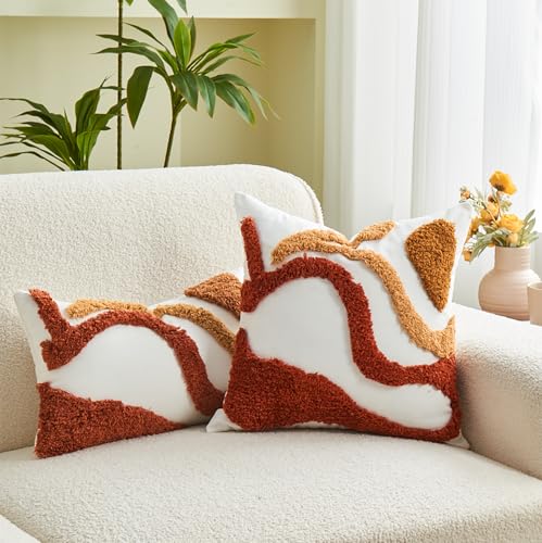 lifein 12x20 Pillow Covers-Lumbar Pillow Covers Boho Couch Pillows Embroidered Decorative Accent Pillows Mid Century Textured Pillowcases for Couch Sofa Living Room Bed Home Decor (Burnt Orange) - color: C-cr711(1 Pack Without Pillow Insert), size: 20" x
