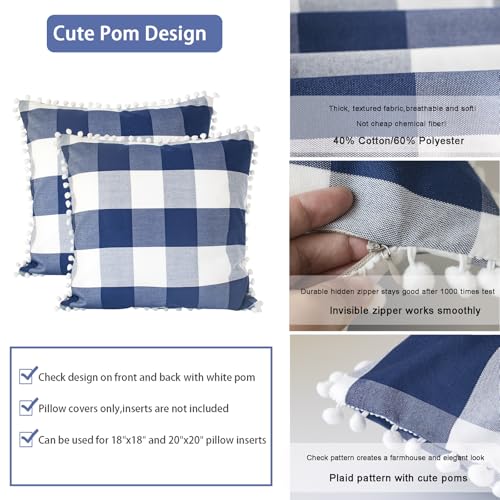 HOPLEE Buffalo Plaid Pillow Covers Navy Blue Pillow Covers 16x16 Farmhouse Buffalo Check Pillows Covers with Pom Pom for Home Decor 16x16 Inches Set of 2 - color: Navy Plaid Pom, size: 16" x 16" (Pack of 2)