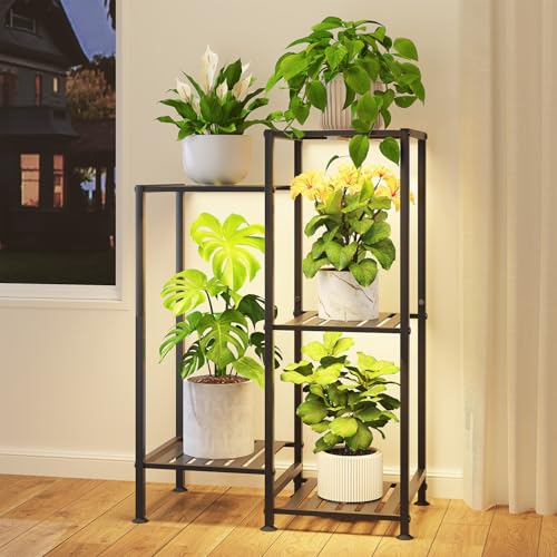 iDavosic.ly Indoor Plant Stand with Grow Light, Metal 5 Tier Corner Flower Holder Shelf Outdoor for Large Pots, Tall Rack for Patio Porch Balcony Living Room, Black - color: Black with Light, size: 5 Tiers