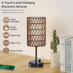 Bedside Lamps Set of 2, Touch Control Night Stand Lamp for Bedroom with Rattan & Linen Shade & Bulbs, 3 Way Dimmable Small Boho Table Lamps with USB Charging Port & Phone Stand (Coffee Color) - color: Coffee-2pack