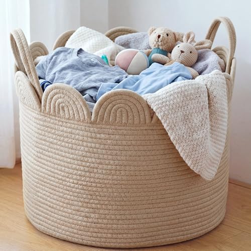 LemonRoad Brown Variegated Round Basket Large Blanket Basket 20"L X 20"W X 13"H Scalloped Woven Baskets Cotton Storage Baskets for Nursery Classroom Closet Blankets Storage Home Decor - color: Brown Variegated, size: 20"L X 20"w X 13"h
