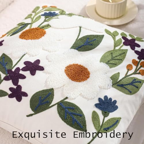 Embroidered Throw Pillow Covers 18x18 Pack of 2 Green Leaves Daisy Pillow Covers Floral Pillowcases Farmhouse Pillow Cushion Cases Square Flower Boho Pillow Case Summer Decor - color: White Daisy